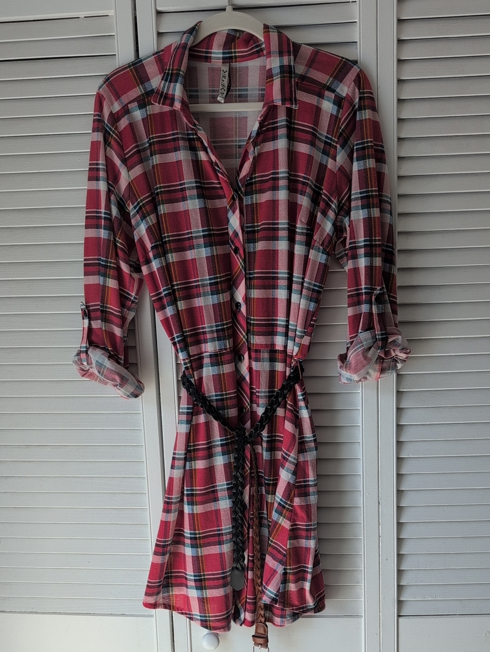 Forever 21 Pink and Red Plaid Midi Shirt Dress with Braided Tie